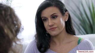 Beautiful stepdaughter sits on stepmoms face