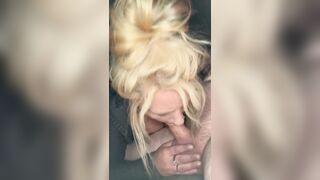 Blonde hooker gives a blowjob in public and lets the man nut in her mouth then spits the cum back out on his dick to suck in some more