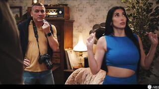 French Brunette with Fake Enhanced Huge Boobs Gets Her Nipples Sucked while Frozen in Time